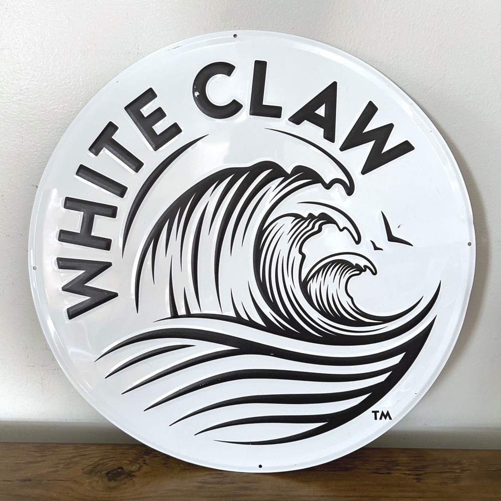 White Claw Metal Tacker Bar Sign 17.5" White Black Wall Wave Logo Embossed Tin